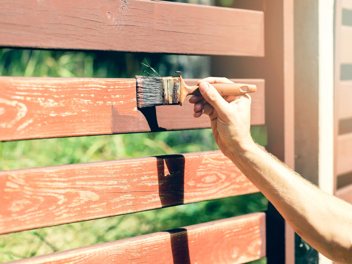 fence-painting-hand-applying-dark Professional fence painter applying dark stain to wooden fence panels in Beaconsfield